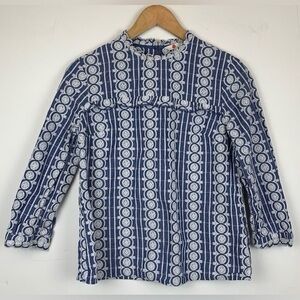 Boden Embroidered Eyelet Bib Blouse Ruffle Detail 3/4 Sleeve Blue & White Size 4